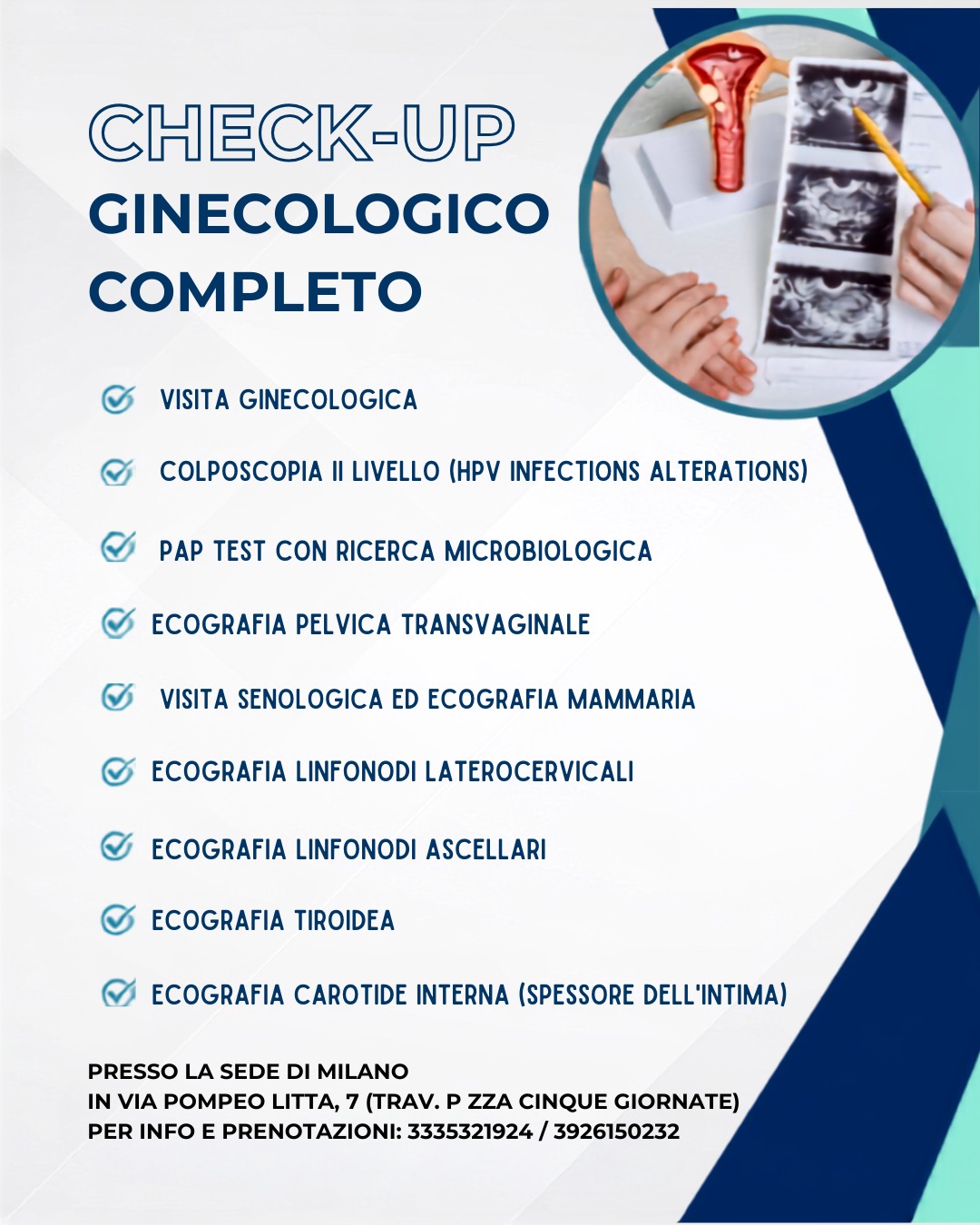 Locandina promozione check-up ginecologico completo - Prof. Dott. Giuseppe Allegro, sede di Milano in Via Pompeo Litta 7